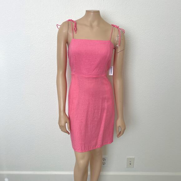 [Old Navy] Pink Linen Blend Square Neck Mini Dress Smocked Tie Straps Sz Large L - Picture 2 of 12